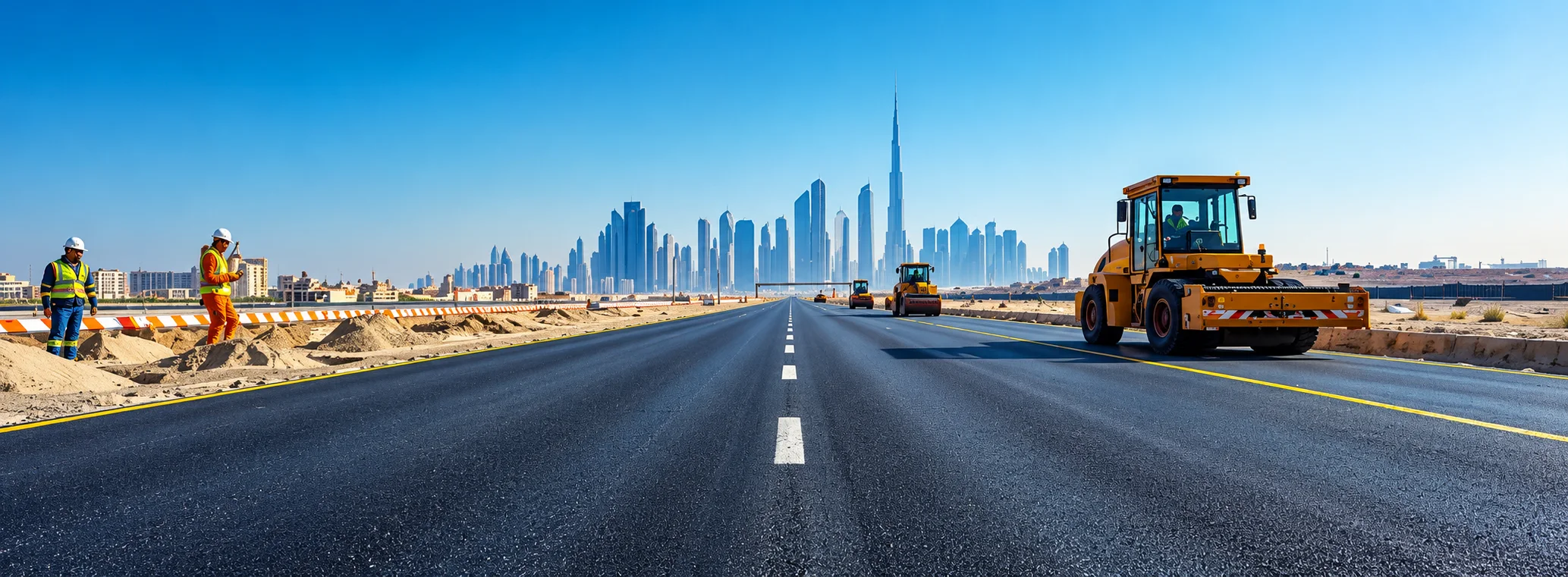 A road construction scene with workers, a yellow road roller and the Dubai skyline